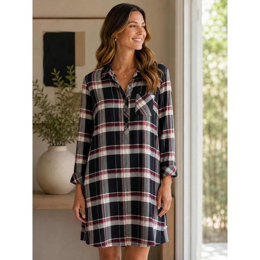 J. Jill Women Medium Plaid Shirt Dress Long Sleeve Tencell Lyocell Career Casual